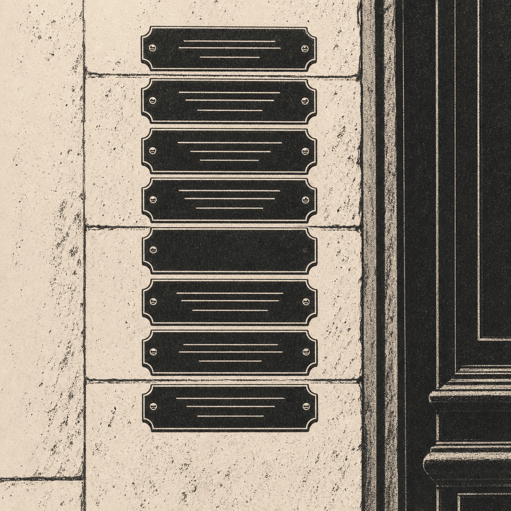 Plaques gravées d'un immeuble de bureaux belge, l'une reste vide.